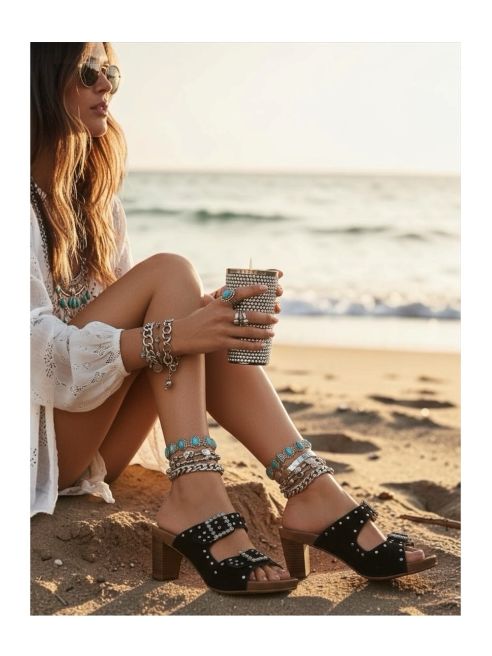 Romus ⌘ Suede Crystal Buckle Footbed Heeled Mules ⌘ Hippie Chic ⌘ Black ⌘ 37